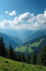 Obraz premium Green mountain valley with meadows, coniferous forests. Rolling hills with grass, trees. Blue sky with white clouds. Serene landscape with no people. Mountain range in distance. Natural scenery with