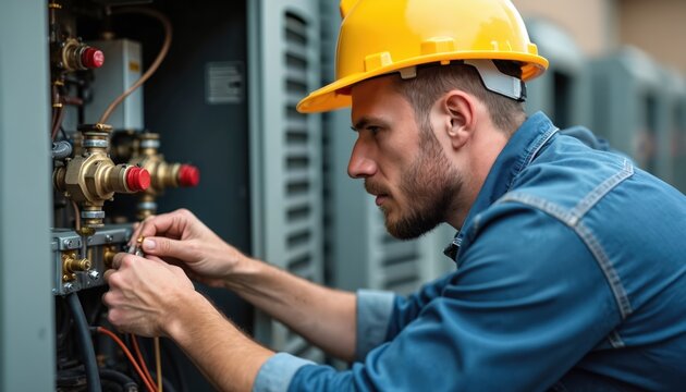 Man in yellow hard hat fixes air conditioner unit. Technician works on outdoor HVAC system, servicing condenser. Professional hvac repairman checks equipment for cooling repair.