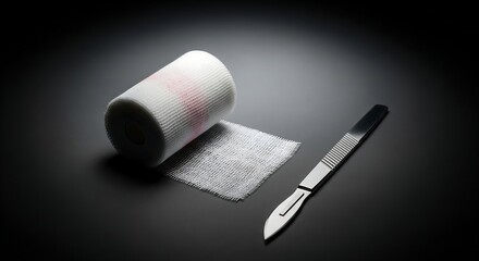 Stunning closeup of sterile surgical scalpel and white gauze roll against a dramatic dark background