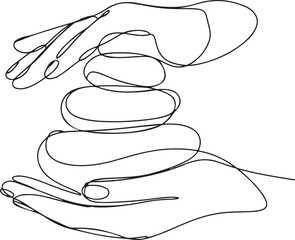 Continuous Line Art Illustration of Hands Gently Holding Stacked Hot Stones in Natural Sketch Contour