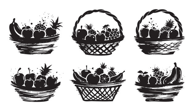 Six stylized fruit baskets and bowls filled with a variety of fresh produce, depicted in a rustic black and white silhouette illustration style.