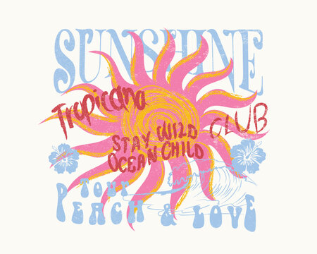 hand drawing beach illustration. hand made sunshine vector graphics. sunshine tropicana club typography summer slogan . brush drawing big waves graphics. girl's summer graphics t-shirt .