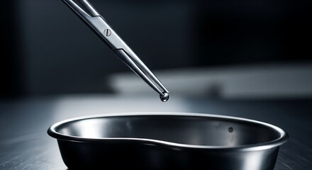 Precise liquid drop falling from sterile surgical forceps into a gleaming stainless steel kidney basin for meticulous laboratory work