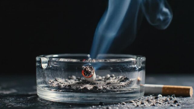 Smoking cigarette in glass ashtray with smoke and ash on dark surface with an unlit tobacco stick close up