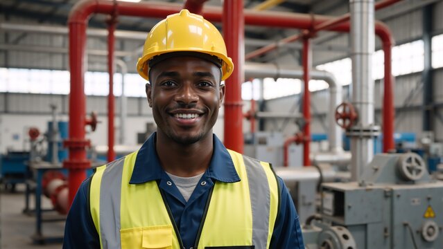 Portrait of a confident black industrial worker smiling in a factory. Professional male engineer wearing a hard hat and safety vest in a manufacturing plant - Powered by Adobe