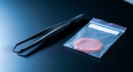 Forensic evidence collection with tweezers beside sealed evidence bag containing reddish powder sample under dramatic lighting