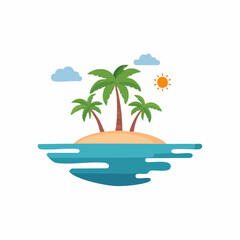 Fototapeta premium Tropical Island Paradise Vector Illustration with Palm Trees and Ocean Waves on a Sunny Day for Summer Vacation