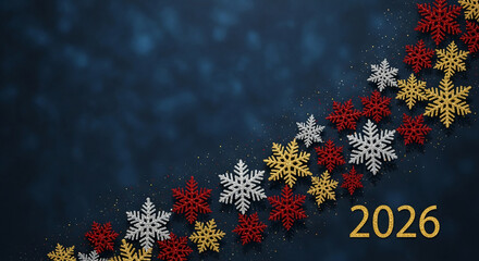 Array of red, gold and silver snowflake decorations on a dark blue background, symbolizing winter holiday, celebration and the upcoming year 2026