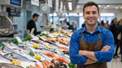 Confident smiling fishmonger standing by a fresh seafood counter. Portrait of a happy male employee working in a market or grocery store