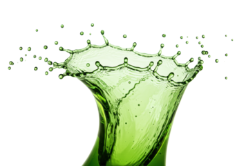 Hyper-detailed macro capture of translucent emerald-green limeade liquid frozen dramatically in a gravity-defying splash wave, high-key lighting on transparent background. Concept of ultimate
