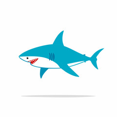 Obraz premium Cartoon shark illustration. Blue shark with sharp teeth. Underwater dangerous animal clip art. Marine predator. Fish.