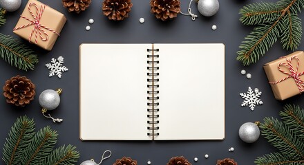 Blank open notebook surrounded by christmas decorations and gifts
