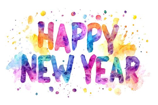 A watercolor "Happy New Year" font with bleeding colors and artistic splatters