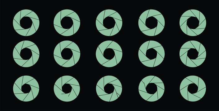 Fifteen light green camera aperture icons arranged in a three by five grid demonstrating various f stop settings
