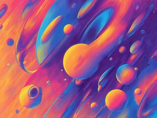 Abstract Dynamic Radiant Fluid Swirls of Vivid Hues with Drifting Cosmic Globules