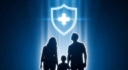 Family stands protected under glowing medical shield symbol representing secure health insurance coverage and future planning