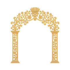 Golden Arch with Pillars and Lotus Flower Motif gateway entrance isolated on a transparent background