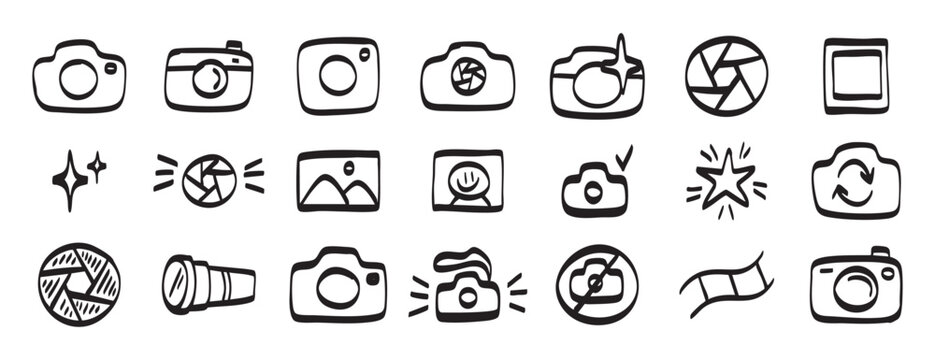 doodle hand drawn camera Photography Related Icons set. Chalk Crayon Drawing camera or photo