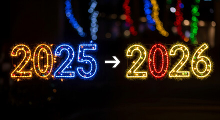 Illuminated year numbers "2025" and "2026" with an arrow. Representative of temporal transition, change, progress, or the arrival of a new year.