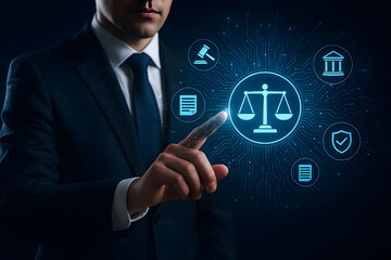 Digital legal technology concept. Businessman interacts with virtual interface showing justice scales, gavel, and security icons on circuit board background.