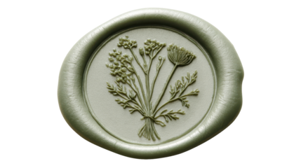 Sage green wax seal with a botanical bouquet design. Featuring a rustic arrangement of herbs and dill. Perfect for vintage correspondence. Creating a natural feel, png