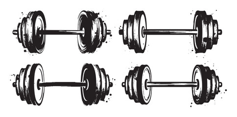 Fototapeta premium Four stylized barbells and dumbbells are depicted in a grunge brushstroke illustration, representing strength, fitness, and workout equipment.