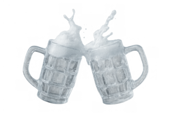 Two icy cold beer mugs clinking together, splashing white foam. Concept of celebration, cheers, and refreshment. Transparent background makes it versatile