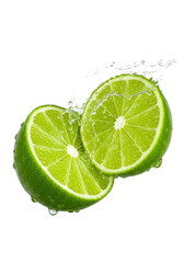 ultra-detailed, vibrant neon green lime halves colliding, frozen in mid-air splash crown, macro shot against transparent high-key background, concept for beverage advertising