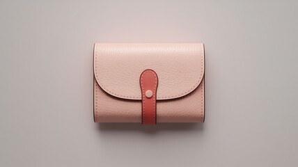 Elegant pastel pink leather wallet with button clasp presented on a minimalist neutral backdrop displaying style and functionality in a studio shot.