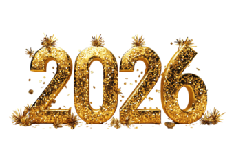 Glittering gold 3 D numbers 2026 with festive decorations and confetti isolated on a transparent background