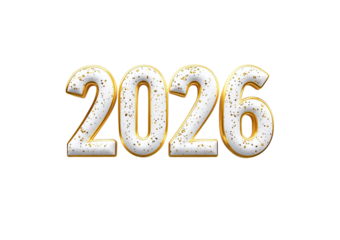 3 D Golden Trimmed White Numbers 2026 with Gold Speckles isolated on a transparent background new year