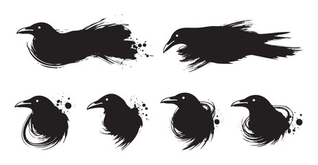 Obraz premium Ravens and crows are depicted in a set of artistic brushstroke illustrations, showcasing their dark silhouettes with a grunge, expressive style.