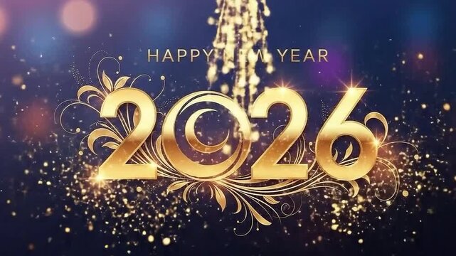 Happy new year 2026 golden luxury text with elegant sparkling decorative elements and festive bokeh lights, perfect for greeting cards, invitations, banners, digital ads, social media, and seasonal pr