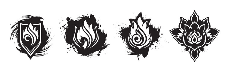 Fototapeta premium Stylized flame fire grunge graphic elements collection with artistic ink splash effects, perfect for powerful branding, gaming, or tattoo designs.