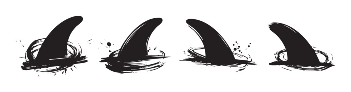 Four stylized shark fins emerge from the water with dynamic brushstrokes and ink splatters, creating a sense of danger and movement.