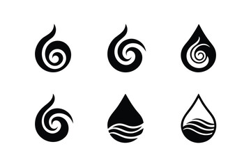 Set of six black stylized water drops with swirling patterns inside
