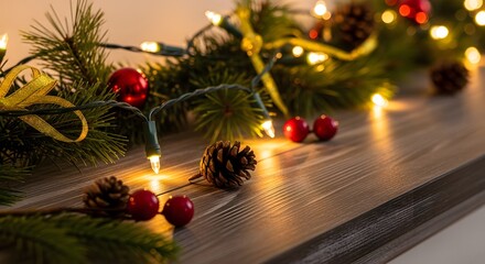 Warm christmas garland with lights and pinecones on a rustic wooden surface
