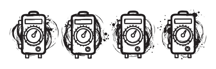 Multimeter tools are illustrated in a row with a distressed, hand-drawn aesthetic, featuring measurement dials and digital displays.