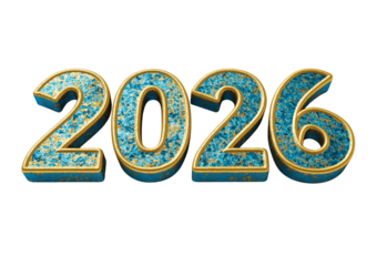 3 D Render of the Year 2026 with Blue and Gold Textured Numbers isolated on a transparent background
