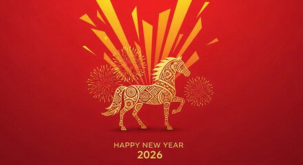 Fototapeta na wymiar Golden decorative horse on red background with fireworks, celebrating the year 2026 for the New Year, symbolizing prosperity and good fortune