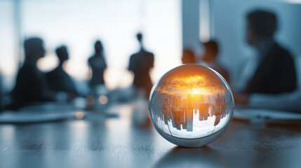 A glowing crystal ball placed on a corporate meeting table, with a team analyzing future trends projected inside it
