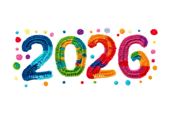 Colorful crochet numbers 2026 with small polka dots isolated on a transparent background year handmade