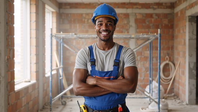 Portrait of a smiling African American construction worker. Professional male builder in a hard hat with arms crossed at an indoor building site