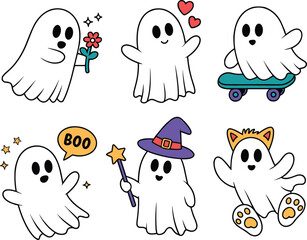 Cute cartoon ghost character collection, Halloween themed illustration, adorable ghosts with hearts, magic wand, flower, skateboard, kawaii spooky art