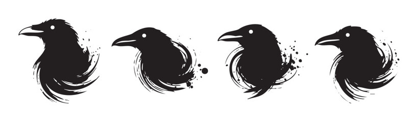 Obraz premium Four stylized black raven bird illustrations feature artistic brushstrokes and ink splash textures, creating a striking and modern graphic design element.