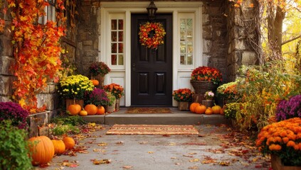 Autumnal Welcome: A charming house entrance adorned with festive autumn decorations, showcasing pumpkins, vibrant flowers, and a welcoming wreath, inviting the season's cozy embrace.