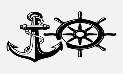 Fototapeta premium Nautical symbols of an anchor and ship s wheel in black and white