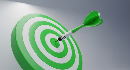 3d dart hitting green target isolated on gray background