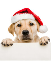 A puppy wearing a Santa hat and holding a blank cardboard sign, isolated on transparent background. Perfect for holiday ads, Christmas greetings, and festive pet-themed promotions.