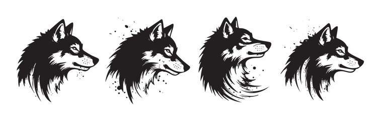 Four stylized wolf heads in a graphic black and white illustration showcasing fierce profiles with dynamic brushstroke details and an intense gaze.